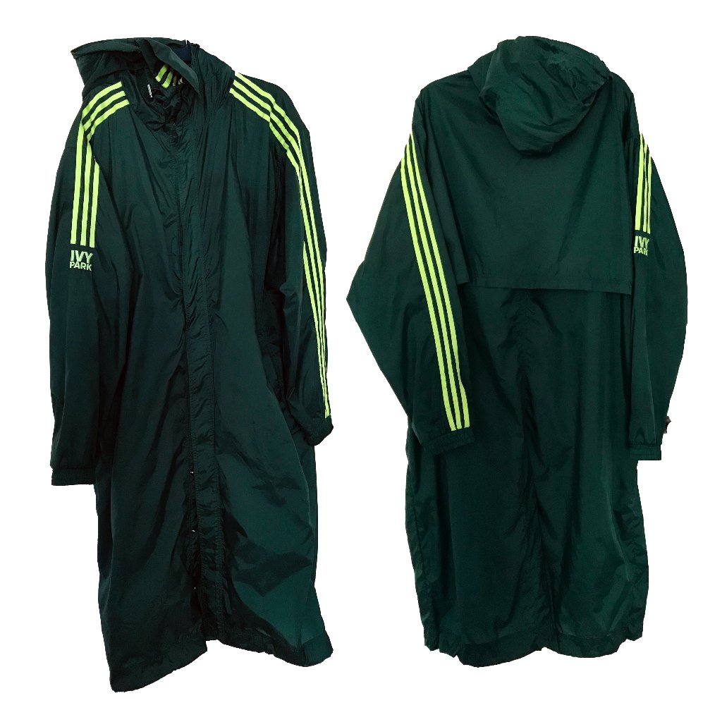 Ivy Park Dark Green Long Hooded Windbreaker With Neon Yellow Stripes